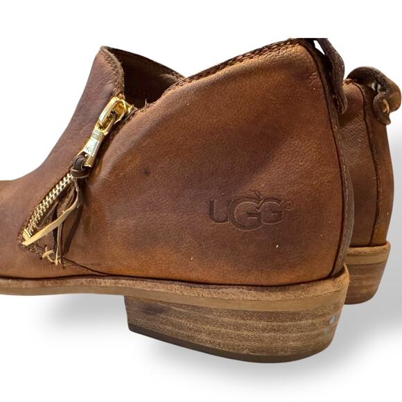 UGG Chestnut Suede Leather Glee Zipper Fringe Tassel Ankle Booties 9.5 - Picture 5 of 13